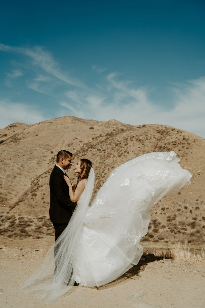 Bride and groom embrace with bride's dress flowing in the wind with desert mountains behind them