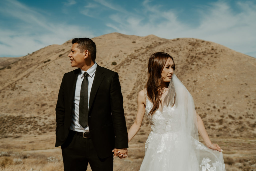 Bride and groom holding hands looking opposite directions with a desert mountain behind them during their adventure session