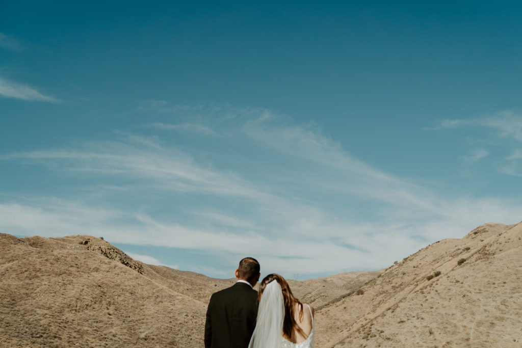 Newlyweds standing together looking out over the desert during their adventure session