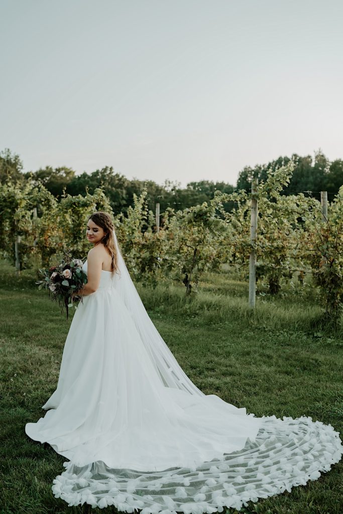 Bride standing in front of a vineyard holding a flower bouquet while her veil is draped behind her