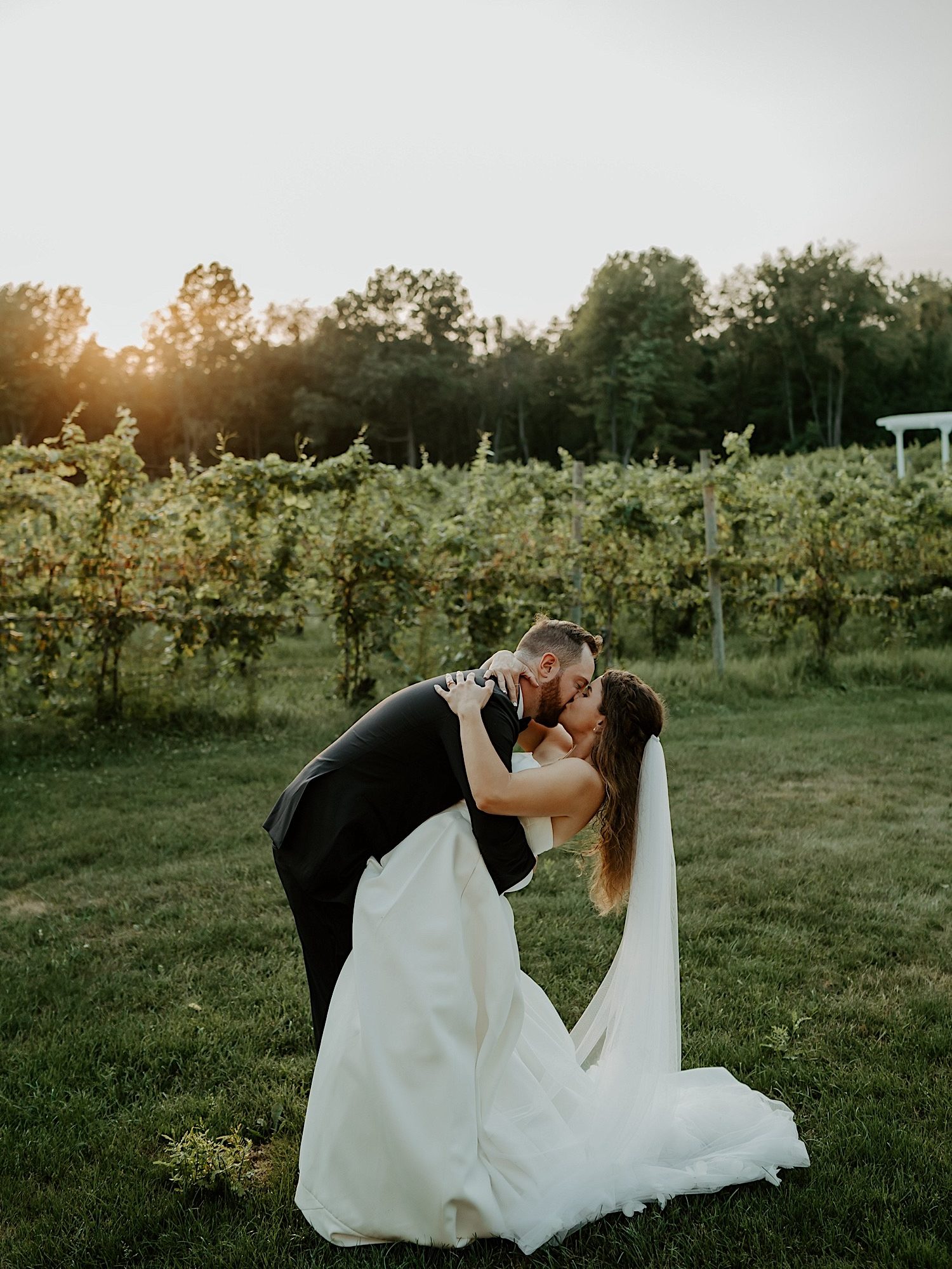 Bride and groom kiss in front of a vineyard and the sunset before their wedding reception