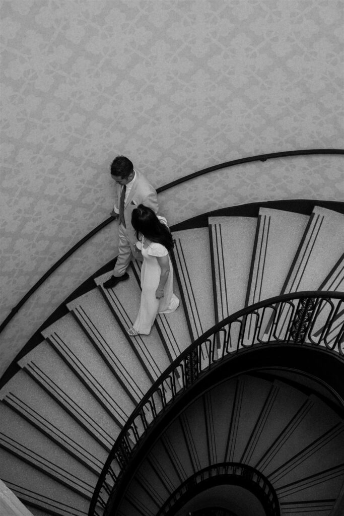 palmer hotel staircase black and white elopement couple