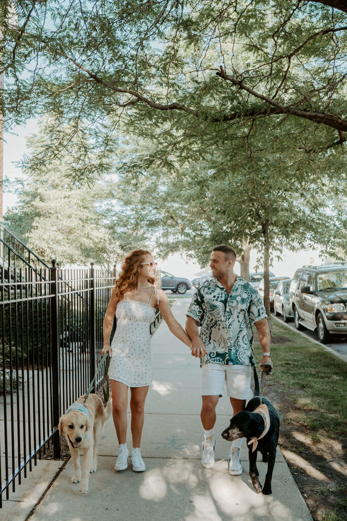 Couple walks their dogs down a neighborhood street in Chicago looking at each other and smiling. 