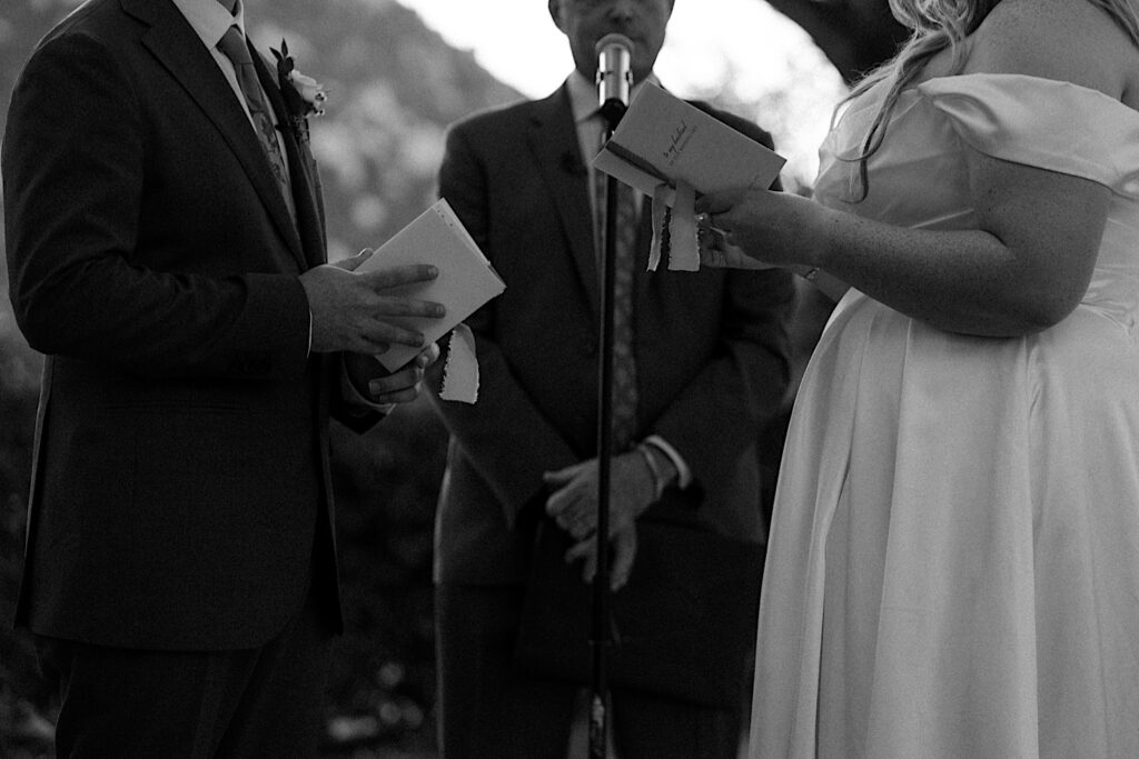 A bride and groom hold hands and exchange vows during their California wedding ceremony at Mt Woodson Castle.  Behind them is a line of bushes and large trees framed by a mountain. They are holding white vow books with sage green ribbons holding the booklet together.