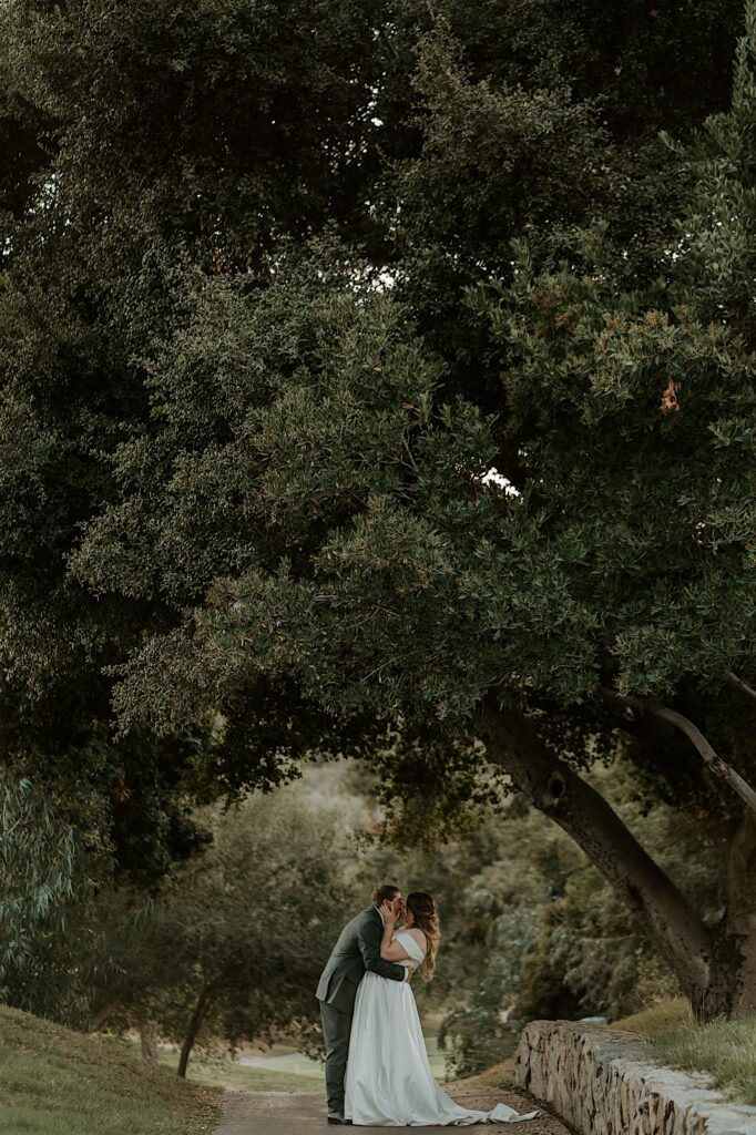 A bride and groom pause to kiss while walk through the lawn of Mt Woodson Castle.  They walk along a line of bricks on a path that is covered by trees.