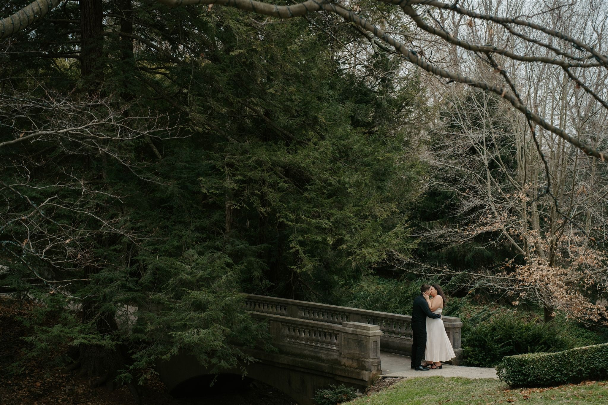 couple kissing on a bridge surrounded by trees